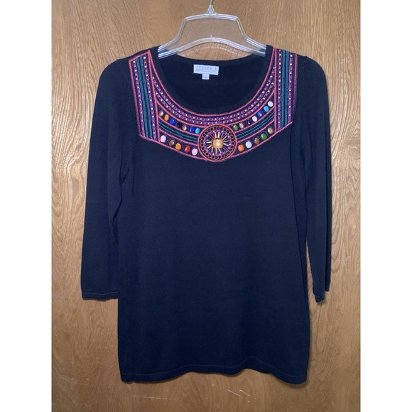 Joseph A Women's Black Embroidered Beaded Sequined Top Sz S 3/4 Sleeves Western - Picture 1 of 8